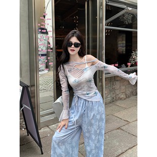 辣妹蝴蝶网纱透视感防晒长袖T恤垂感女夏季新款潮