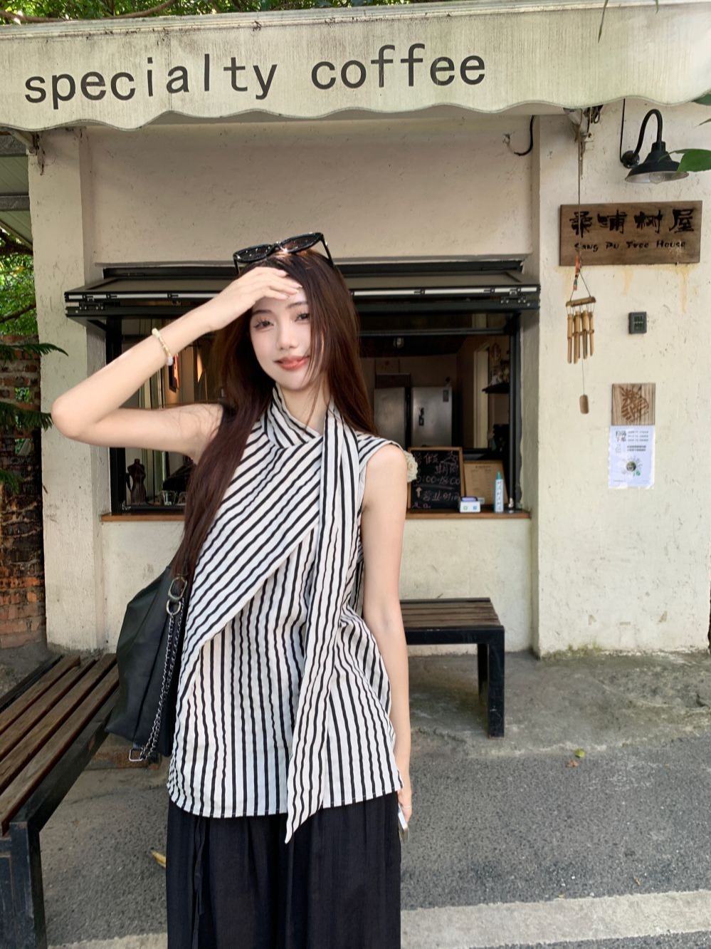 法式轻奢高级感无袖条纹衬衫女夏季新款小众气质飘带宽松显瘦上衣