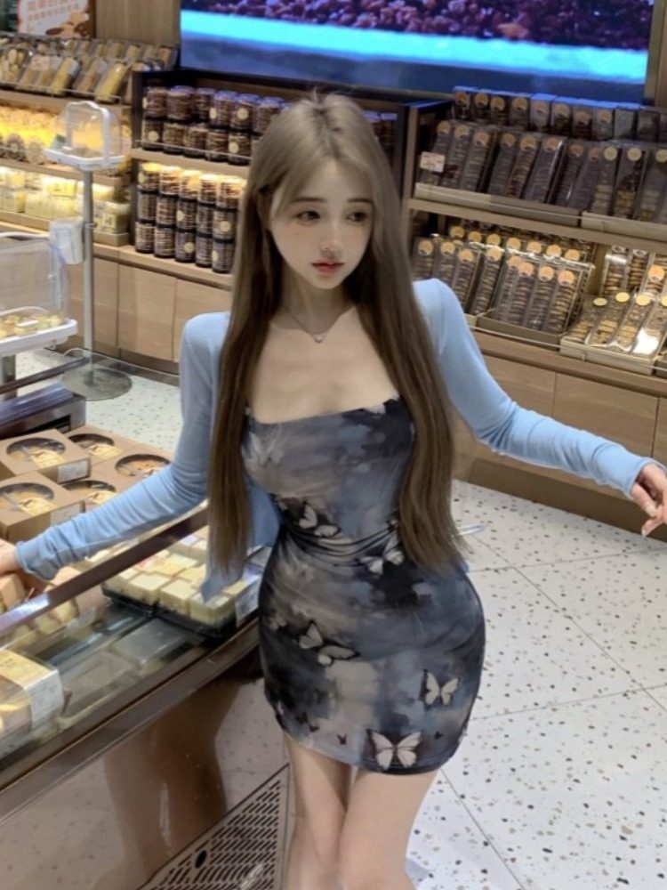 套装女2026夏新款纯欲风辣妹防晒开衫印花修身显瘦包臀吊带连衣裙