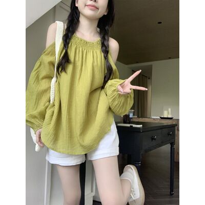法式温柔风长袖露肩防晒衬衫女夏季新款潮小众设计感别致挂脖上衣