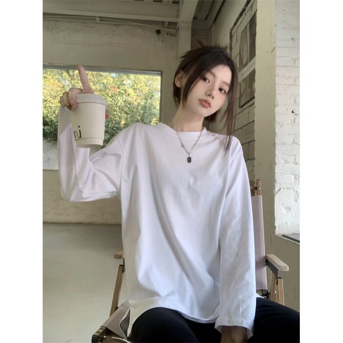 100%纯棉白色长袖t恤女2026秋季新款学生韩版宽松开叉款打底衫ins