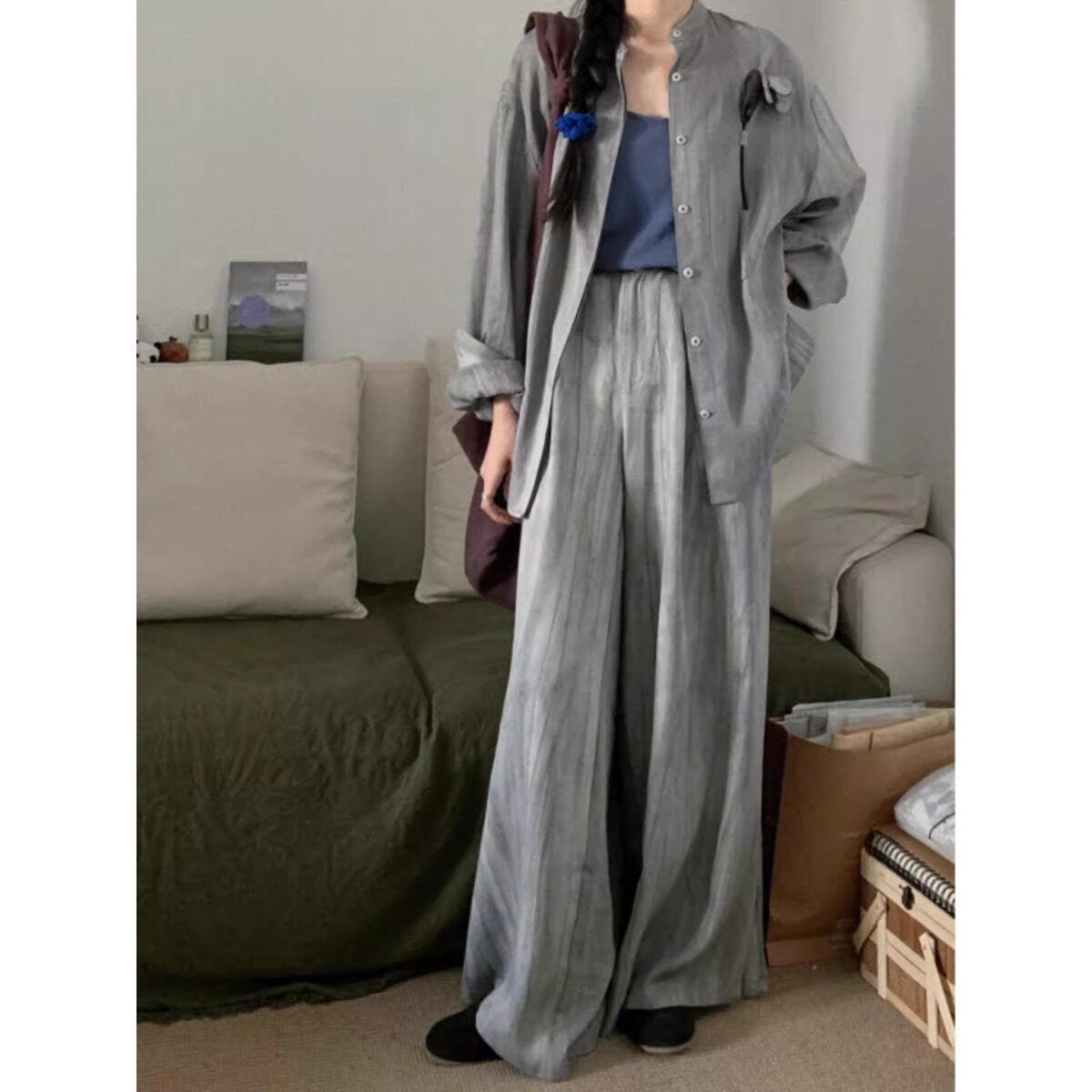 2026年夏季装女慵懒风高级设计感干练气质宽松衬衫阔腿裤休闲套装