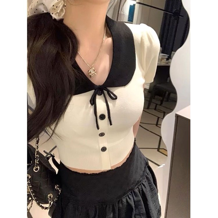 茶系娃娃领泡泡短袖t恤女2026新款夏装短款别致轻薄小上衣针织衫