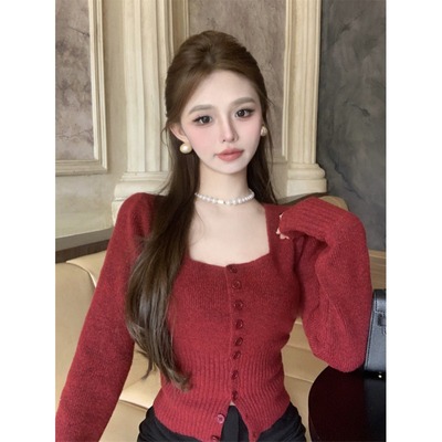 方领长袖针织衫女秋冬2025新款