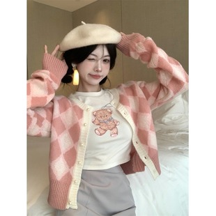 粉色短款香风春秋菱格设计上衣宽松新款秋冬复古针织开衫毛衣外套