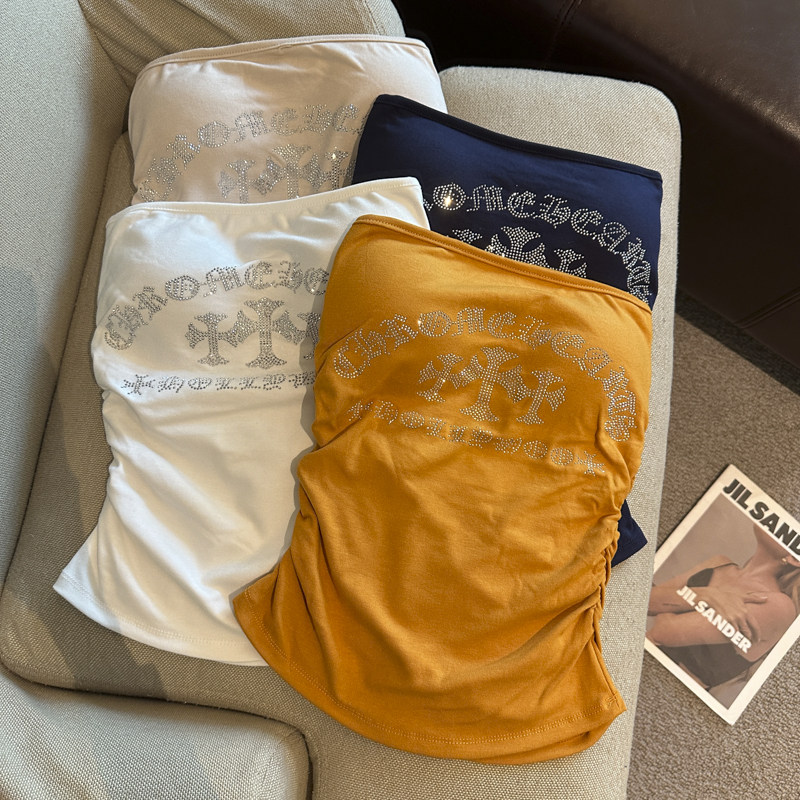 纯欲辣妹一字围抹胸背心女褶皱修身显瘦字母烫钻短款露背上衣外穿