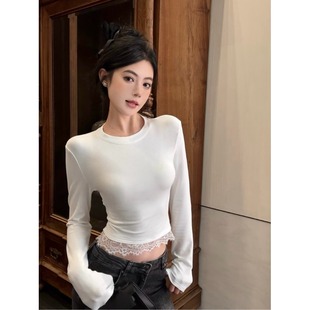 黑色高级感蕾丝打底衫女磨毛薄绒内搭秋冬辣妹修身长袖T恤短上衣