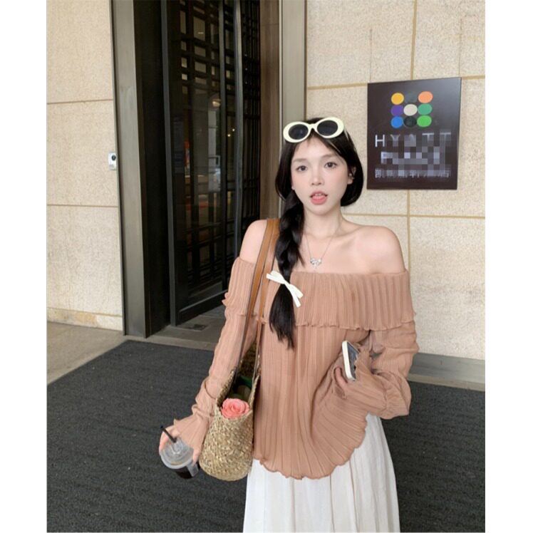 韩系甜美温柔风一字领百搭雪纺衫女夏季新款宽松遮肉喇叭长袖上衣
