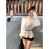 衬衫 立领长袖 女装 秋季 纯欲风套装 设计感收腰衬衣女黑色短裤 女法式