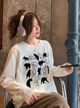 印花百搭长袖t恤男女秋新款宽松休闲白色圆领上衣打底衫