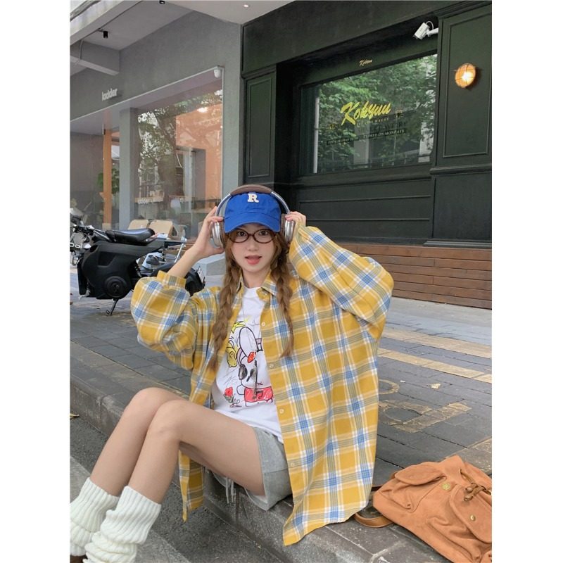 幂式穿搭黄色格子衬衫女外套2026夏季新款小众设计感长袖衬衣外穿
