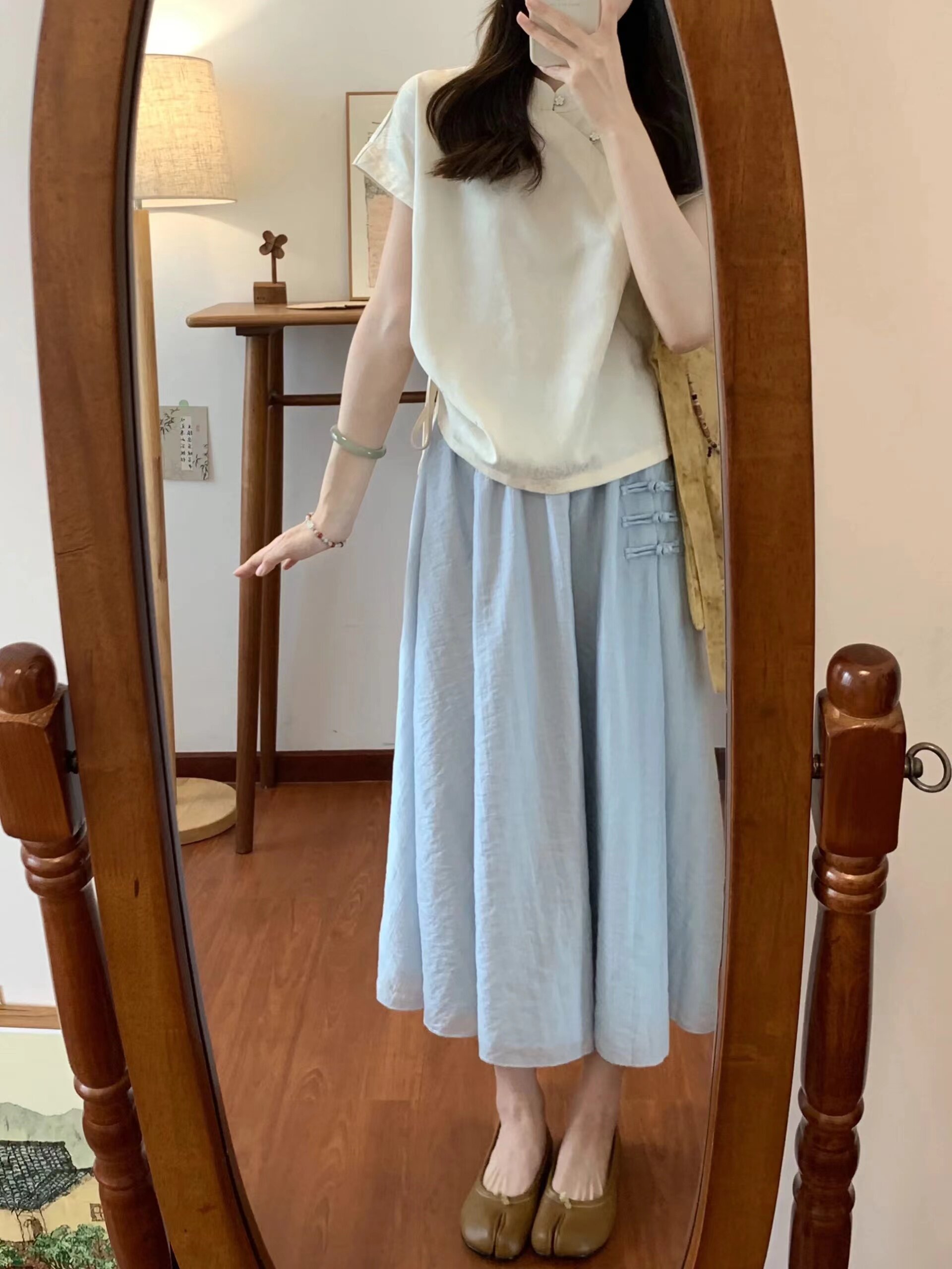 大码女装夏搭配一整套新中式国风高级感提花上衣蓝色半身裙套装女