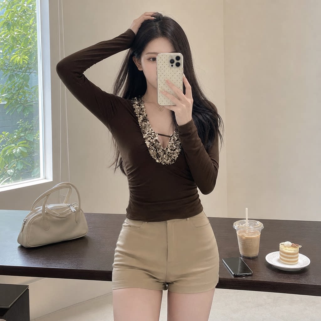 亮片拼接深V长袖显瘦T恤女