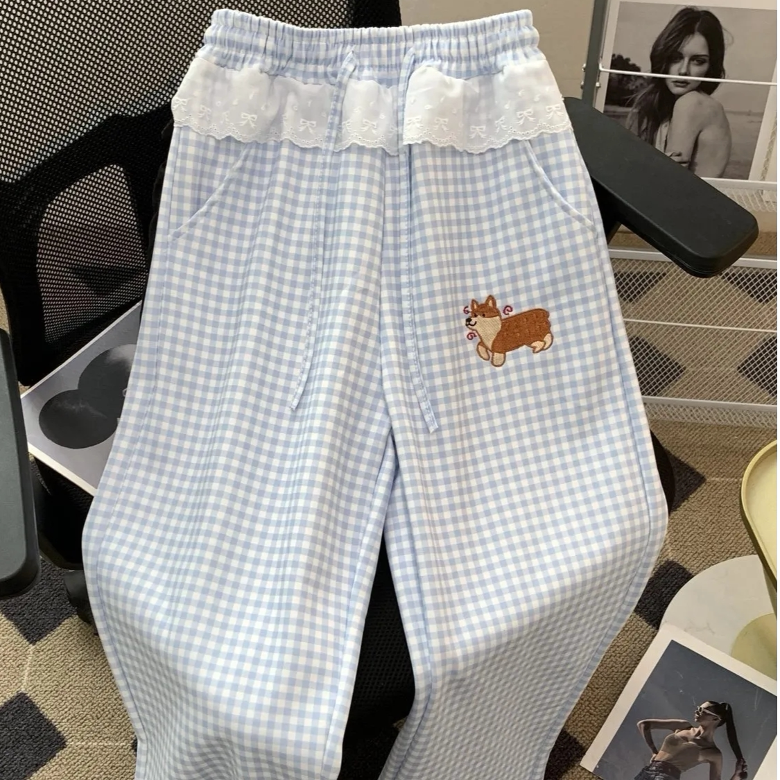 高腰柯基格子蕾丝拼接阔腿裤女