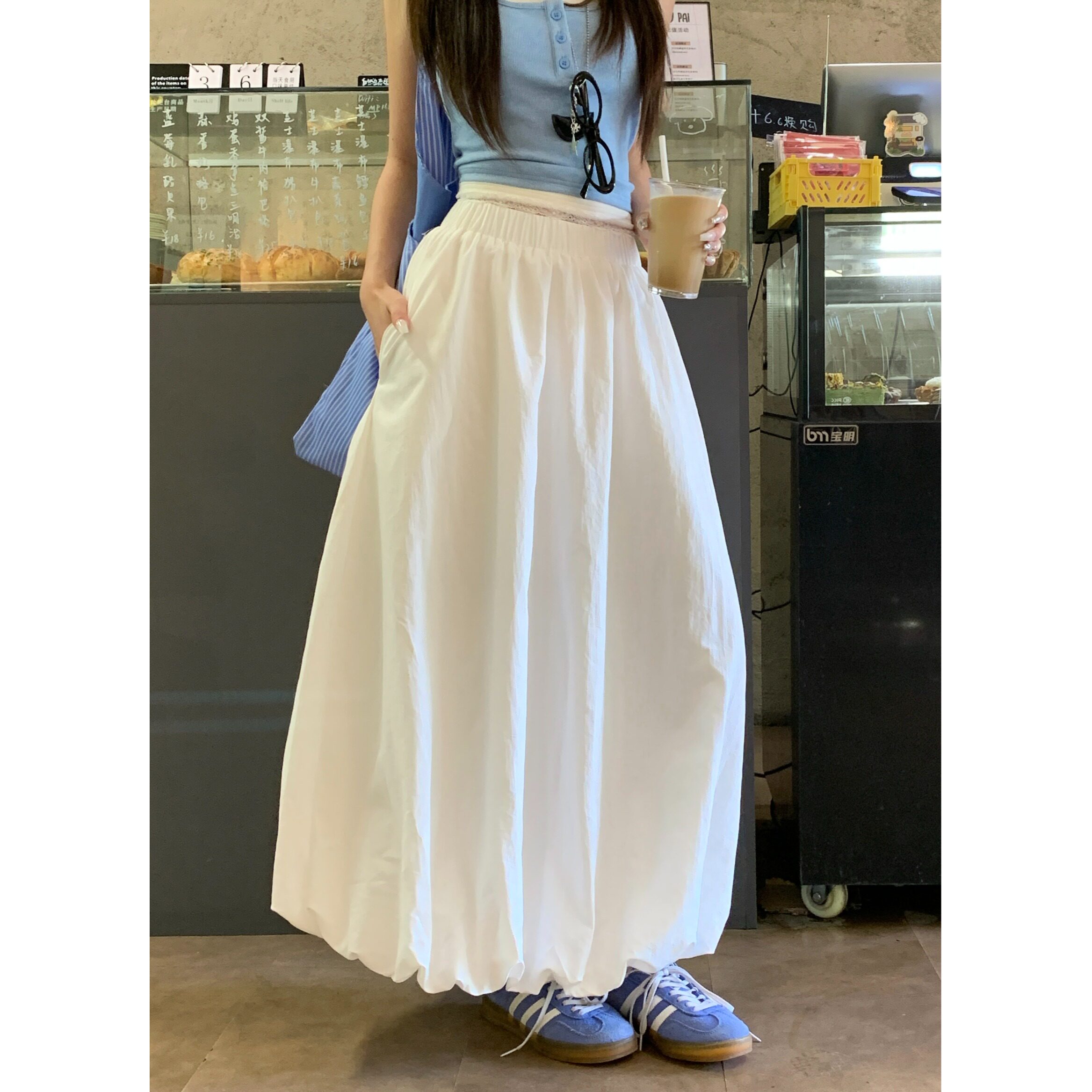 白色蓬蓬花苞裙女夏季新款松紧腰垂感a字半身裙小个子中长款伞裙