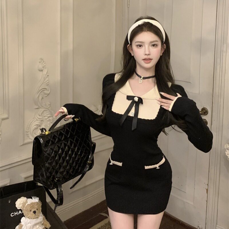 小香风撞色蝴蝶结针织连衣裙女秋季纯欲风气质黑色收腰包臀短裙子