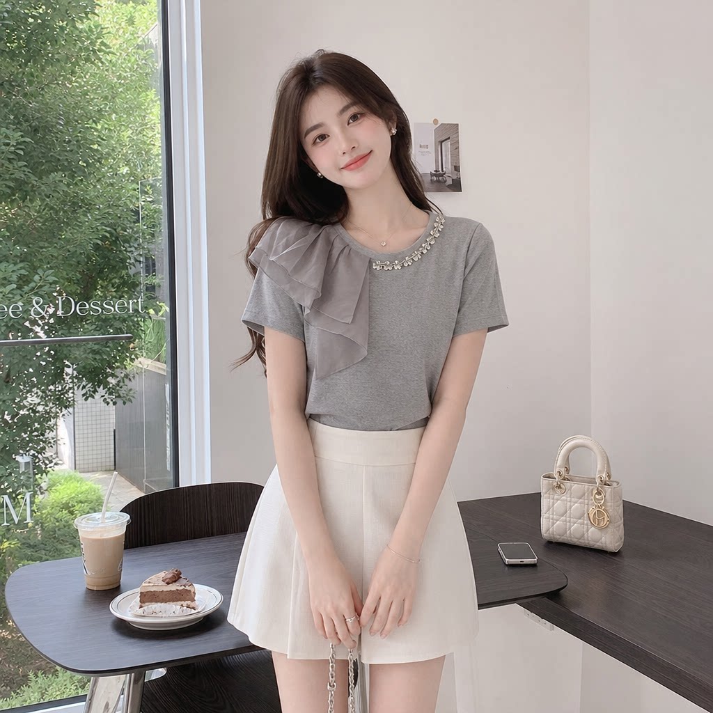 立体镶钻网纱拼接短款显瘦T恤女