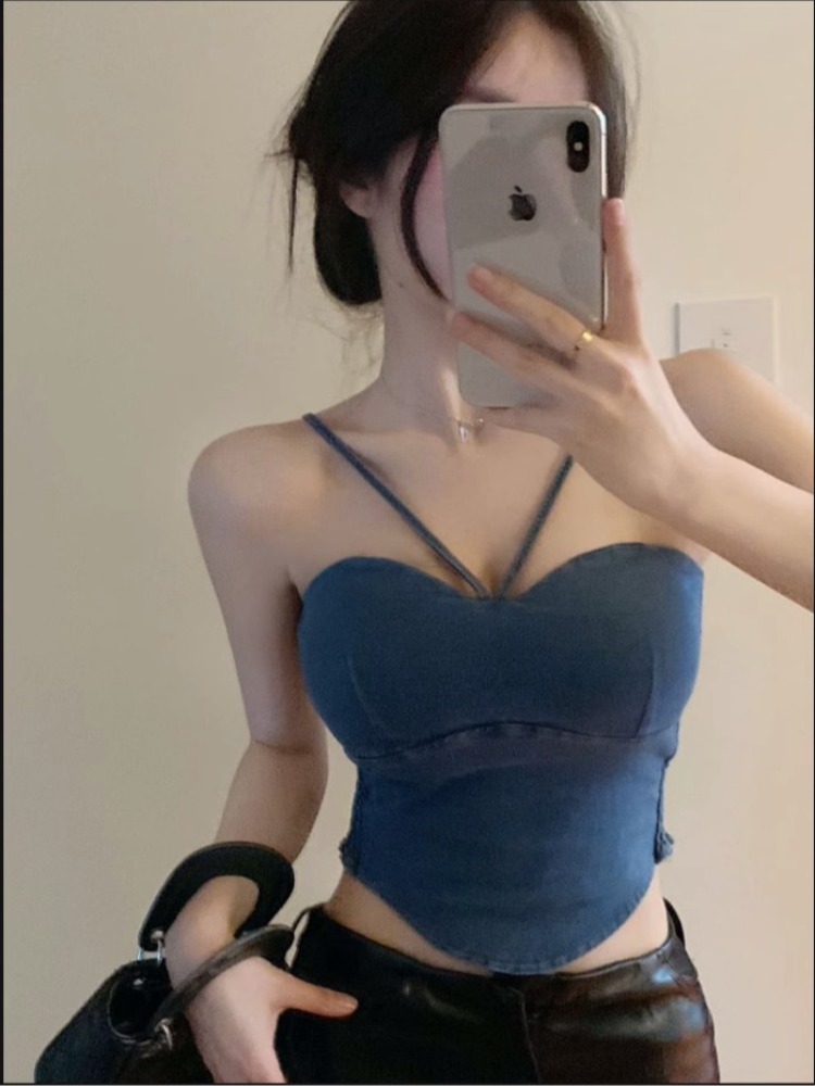 甜辣牛仔吊带背心女外穿夏季裹胸内搭性感纯欲辣妹挂脖上衣纯欲风