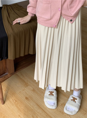 咖色百褶A字半身裙女春秋新款韩版温柔风高腰松紧显瘦百搭中长款