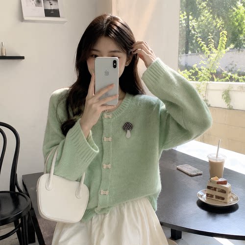 多巴胺蘑菇圆领针织开衫女减龄