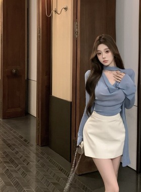 温柔风蓝色飘带T恤女初秋小心机设计感内搭打底衫上衣