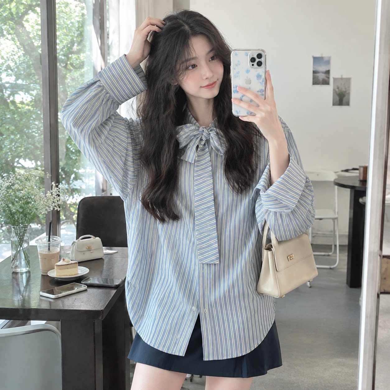 法式复古条纹蝴蝶结长袖衬衫女