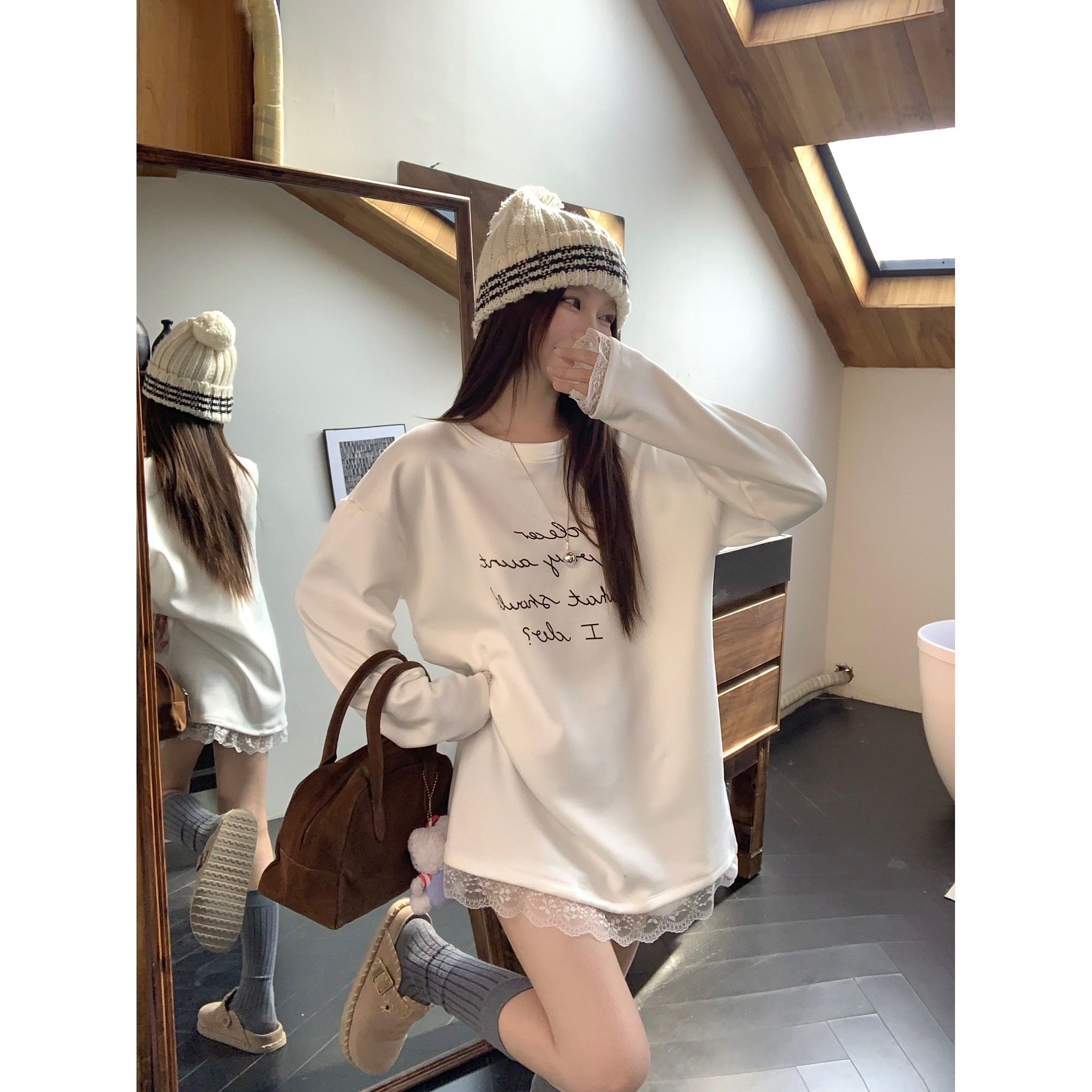 德绒蕾丝拼接保暖白色长袖T恤冬季加厚卫衣大码宽松内搭打底上衣