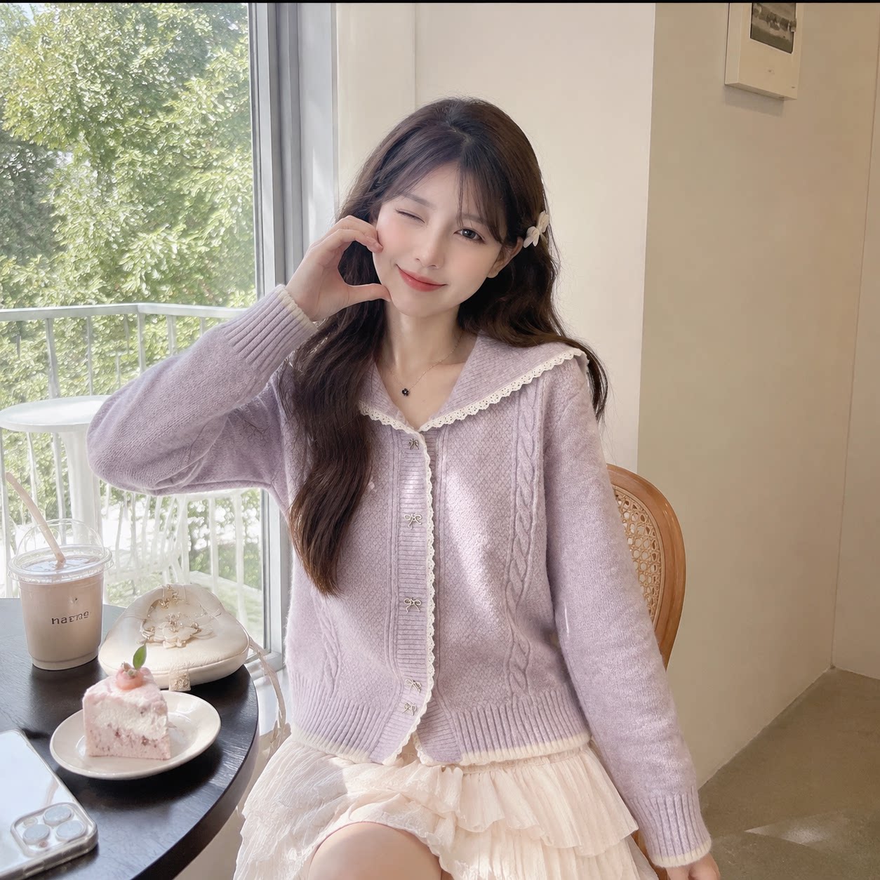 春秋韩版蕾丝娃娃领显瘦针织开衫