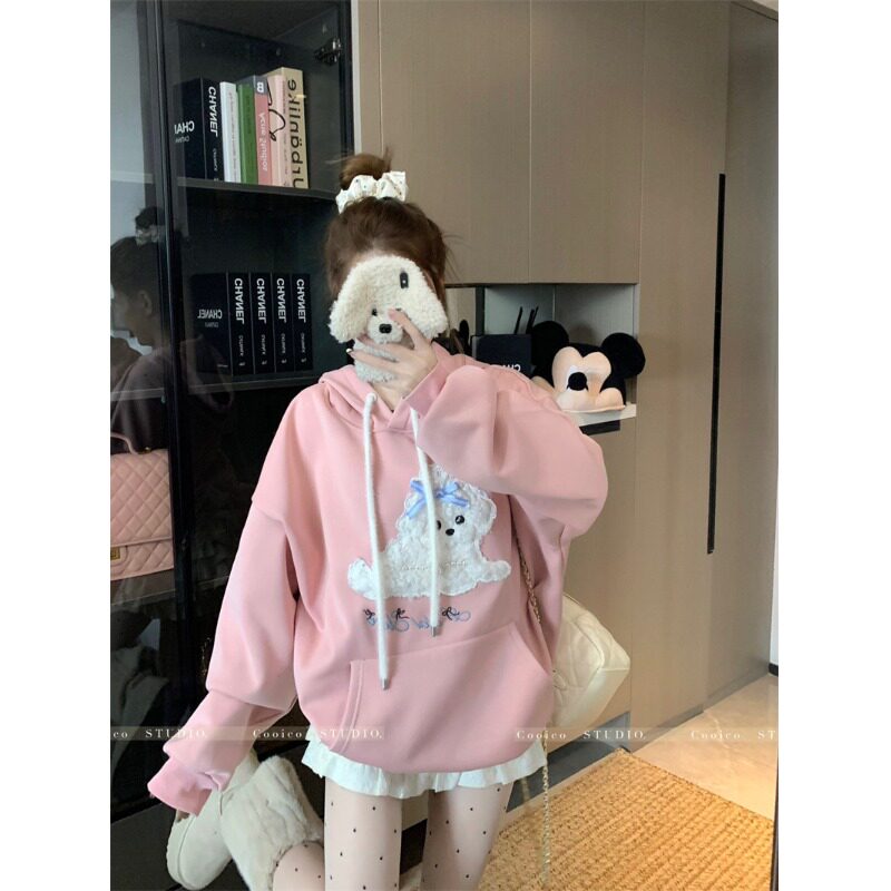 韩系粉色可爱小狗连帽卫衣女秋冬设计感加绒加厚套头宽松慵懒上衣