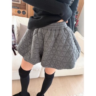 胖mm大码韩版秋冬松紧高腰菱格夹棉蓬蓬半身裙女A字短裤裙