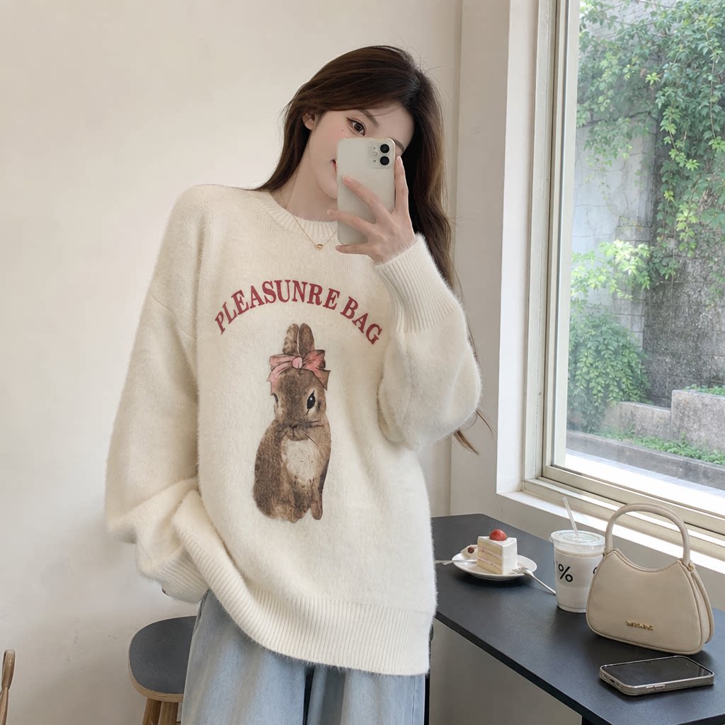 慵懒风兔子加厚毛绒毛衣女秋冬