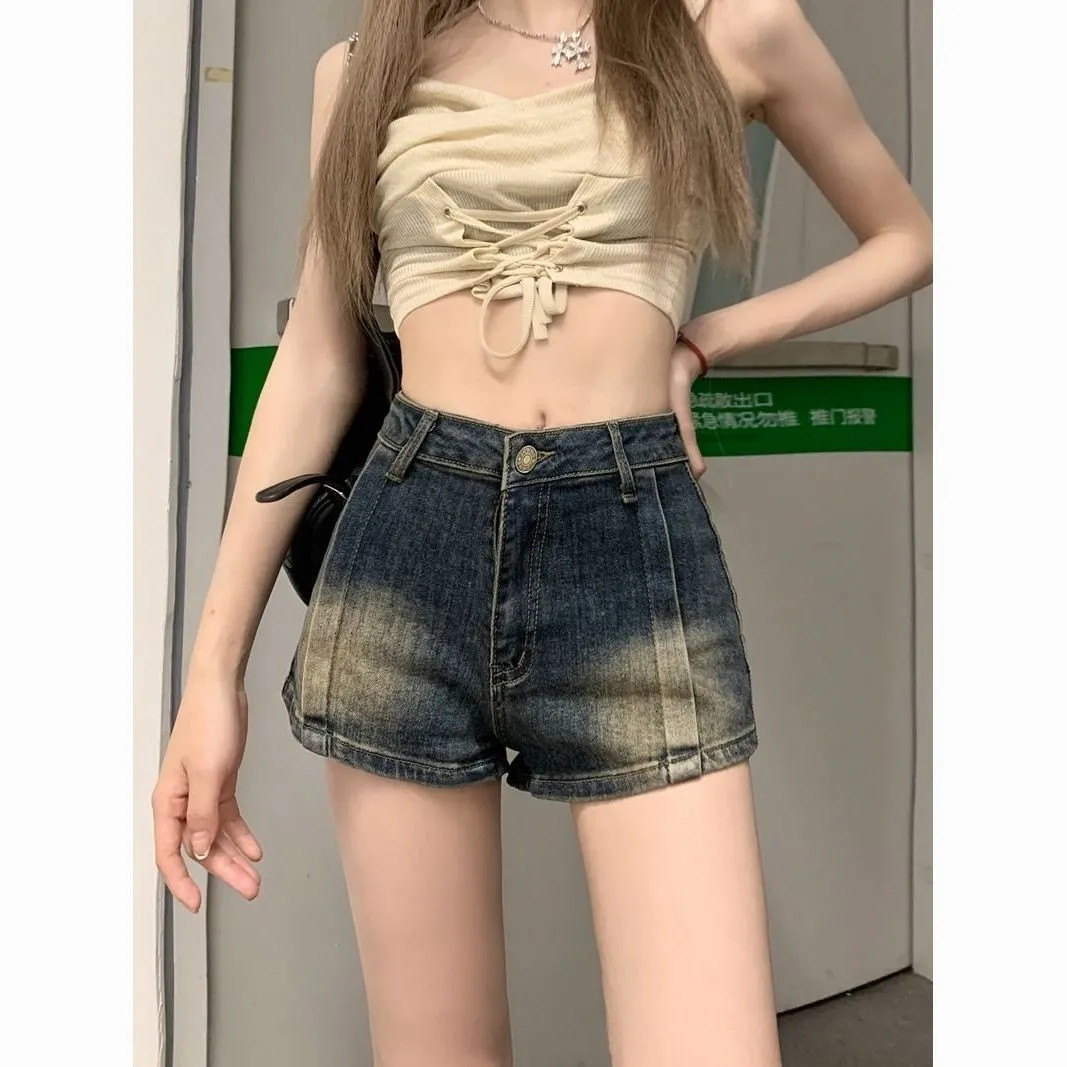 水洗复古牛仔短裤女夏季2026新款美式辣妹显瘦弹力高腰a字热裤子