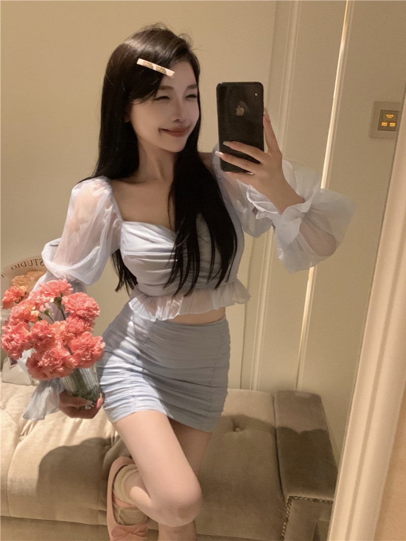 纯欲风套装长袖衬衫上衣女夏季2026新款裙子包臀短裙半身裙两件套