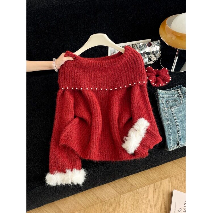 新年过年红色气质钉珠一字冬季针织衫秋冬慵懒新款宽松毛衣女上衣