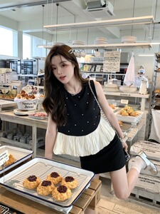 法式重工镶钻撞色无袖背心女夏季2024新款甜美宽松短款娃娃衫上衣
