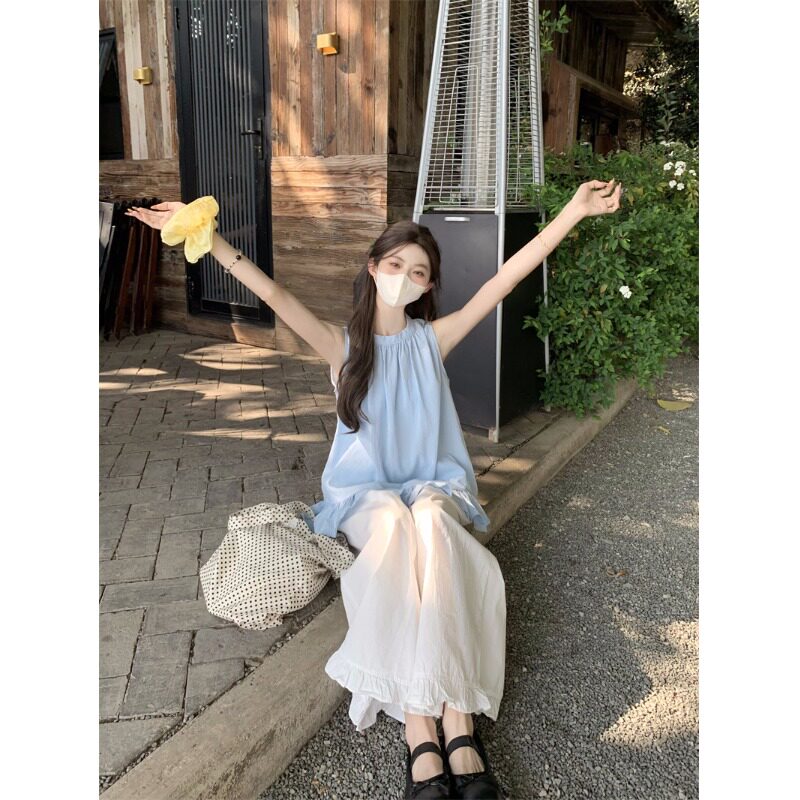 韩系简约风纯色圆领背心女2026春夏新款时尚荷叶边拼接无袖衬衫女
