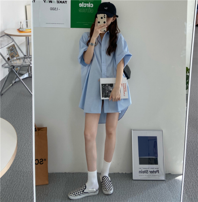 蓝色衬衫裙短袖衬衣百搭上衣