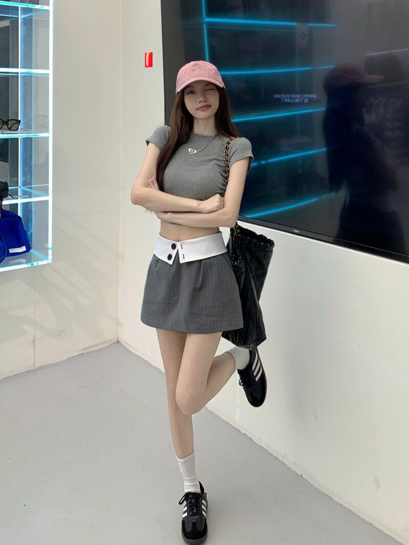 黑色高腰显瘦A字短裙裤裙春夏新款拼色翻边设计感韩版短款半身裙