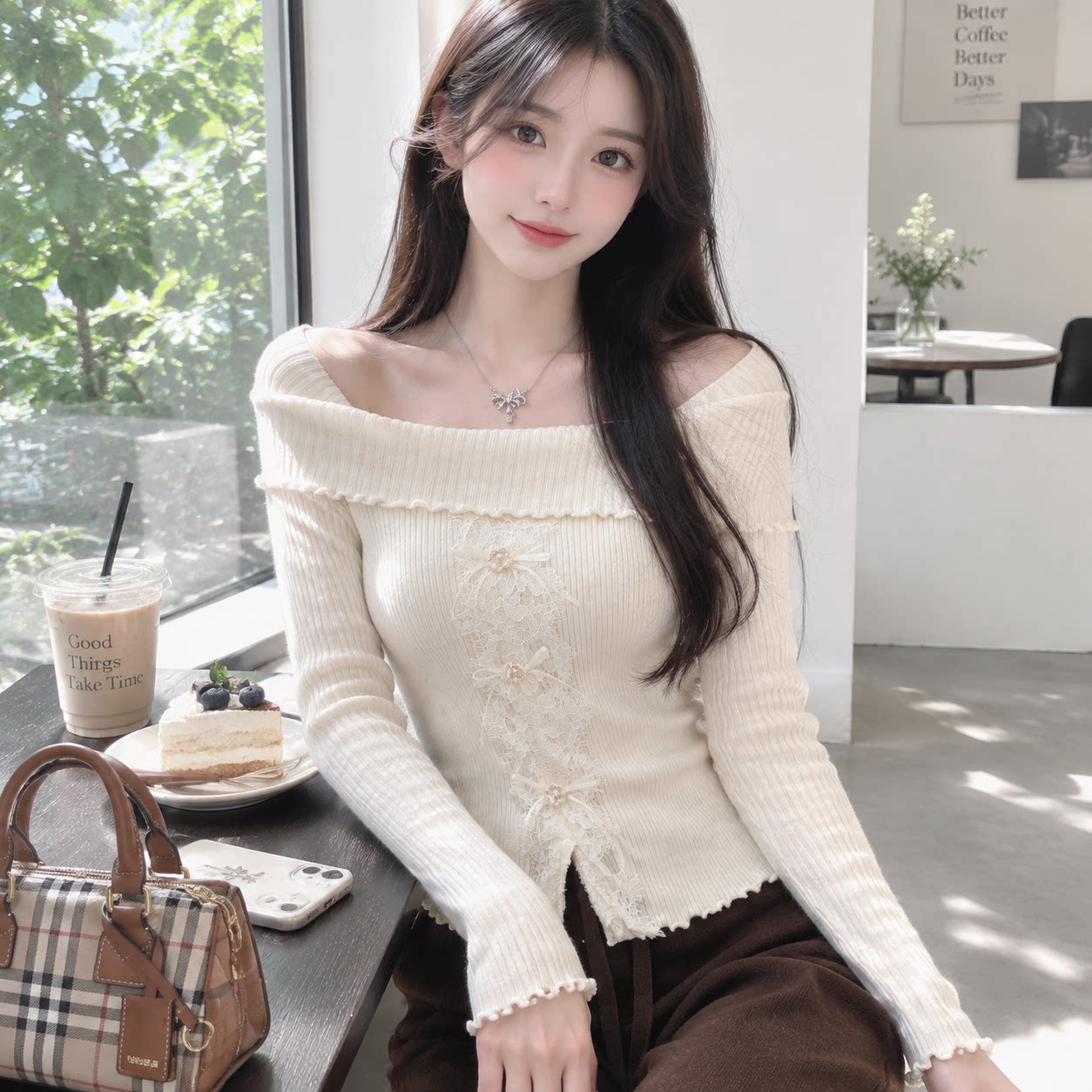 方口领蕾丝蝴蝶结显瘦针织衫