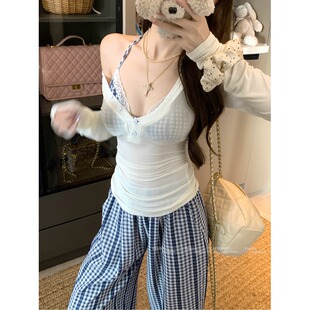 纯欲风套装女夏季U领薄款长袖防晒衫上衣格子吊带阔腿休闲长裤