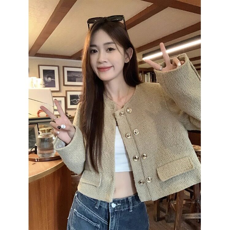 法式小香风短外套杏色圆领小个子百搭时尚韩风休闲小众减龄上衣女