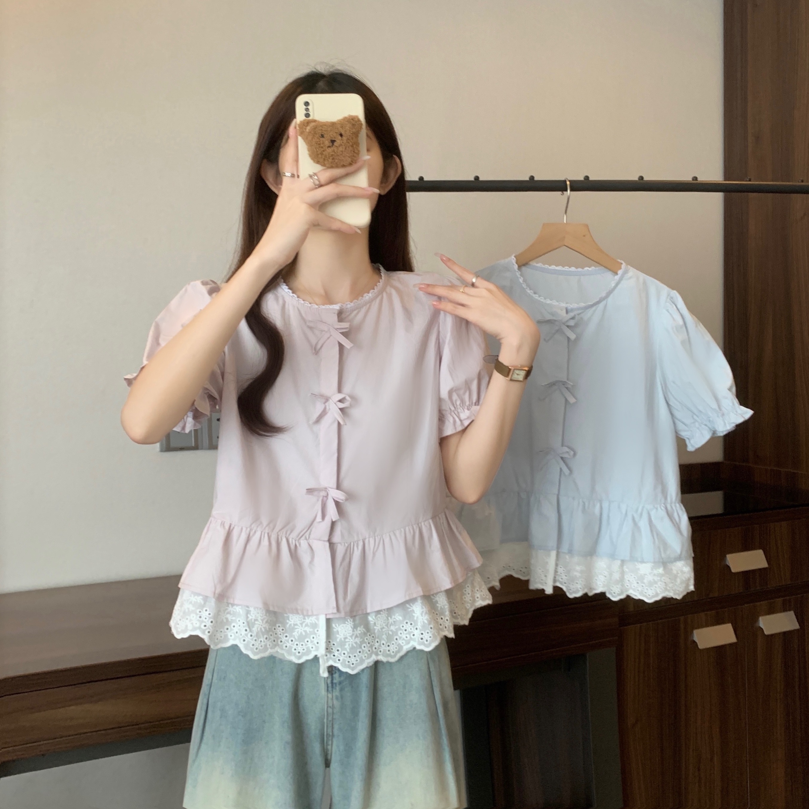 大码法式蕾丝衬衫女夏季新款圆领蝴蝶结衬衣胖MM遮肉显瘦短款上衣