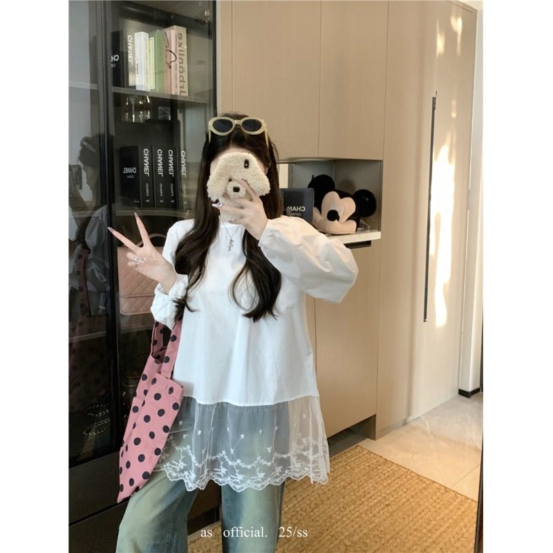 甜美蕾丝拼接泡泡袖花边领衬衫女春2026新款时尚减龄宽松裙摆上衣