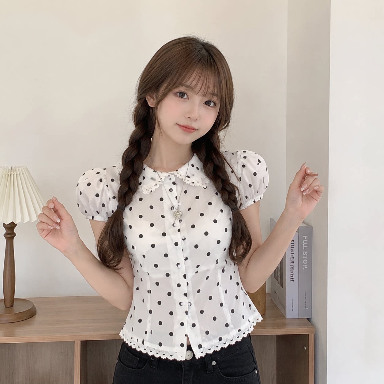 夏季法式波点娃娃领显瘦衬衫