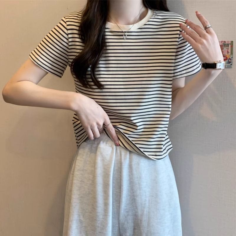 冰丝条纹短袖T恤女夏季宽松