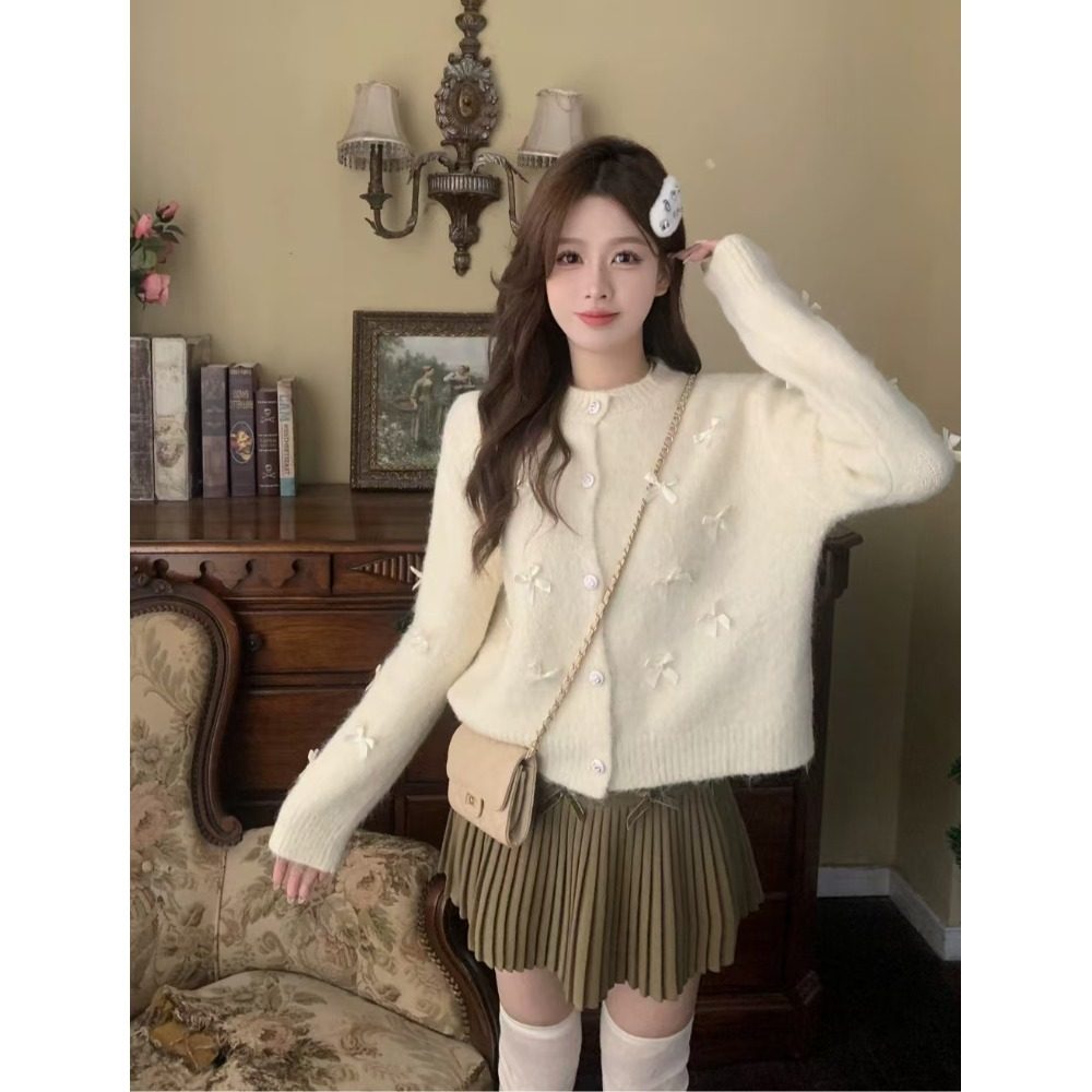 重工设计高级感蝴蝶结小香风针织毛衣开衫女秋冬2024新款灰色外套