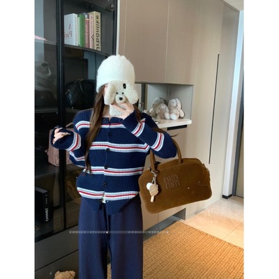 小香风撞色条纹毛衣开衫女秋冬