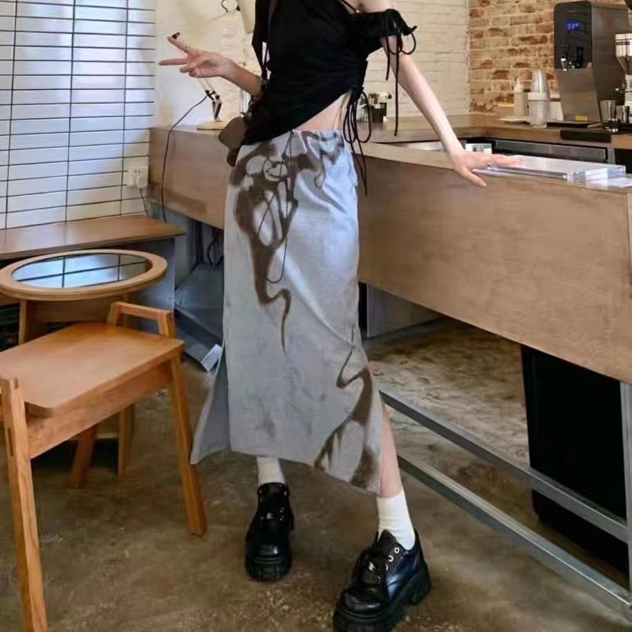 夏季美式爱心高腰显瘦开叉半身裙
