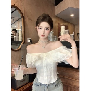 法式白色荷叶边一字肩衬衫女夏季鱼骨收腰显瘦短款露肩上衣ins潮