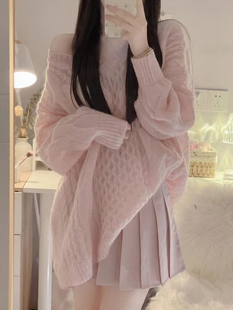 【两件套装】早秋慵懒风软糯V领针织衫宽松套头毛衣甜酷粉色短裙